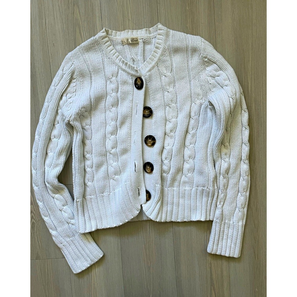 Old Navy Women's VTG White Chunky Cable Knit V-Neck Button Front Cardigan Sz L